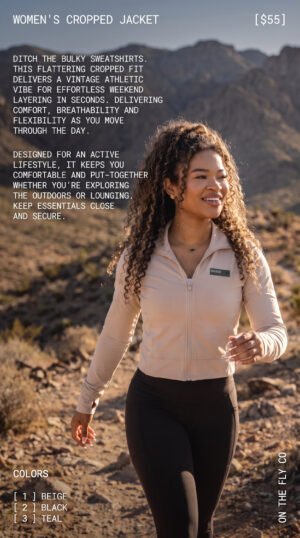 On The Fly Women's lightweight sport jacket, Tan, crop, zip down