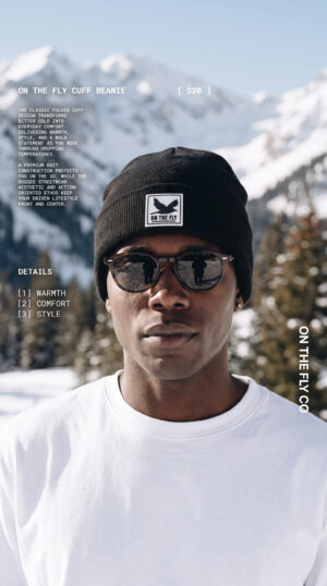 Men's Black On The Fly cuff beanie with bird rubber patch logo