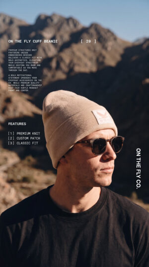Men's Tan On The Fly cuff beanie with bird rubber patch logo