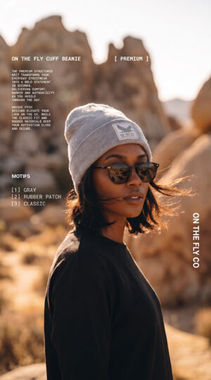 Gray On The Fly cuff beanie with bird rubber patch logo